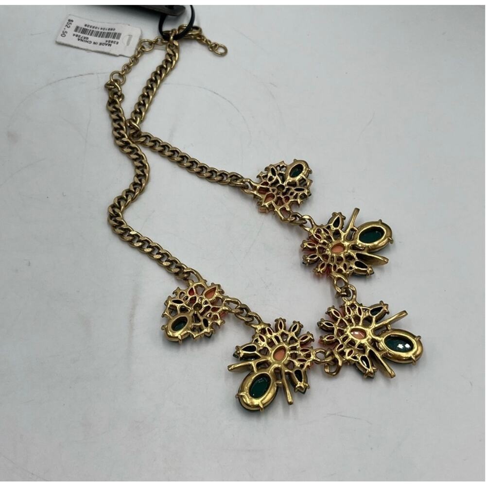 J. Crew Rhinestone Peach Green Salmon‎ Gold Tone Chain Statement Necklace New - Picture 5 of 12